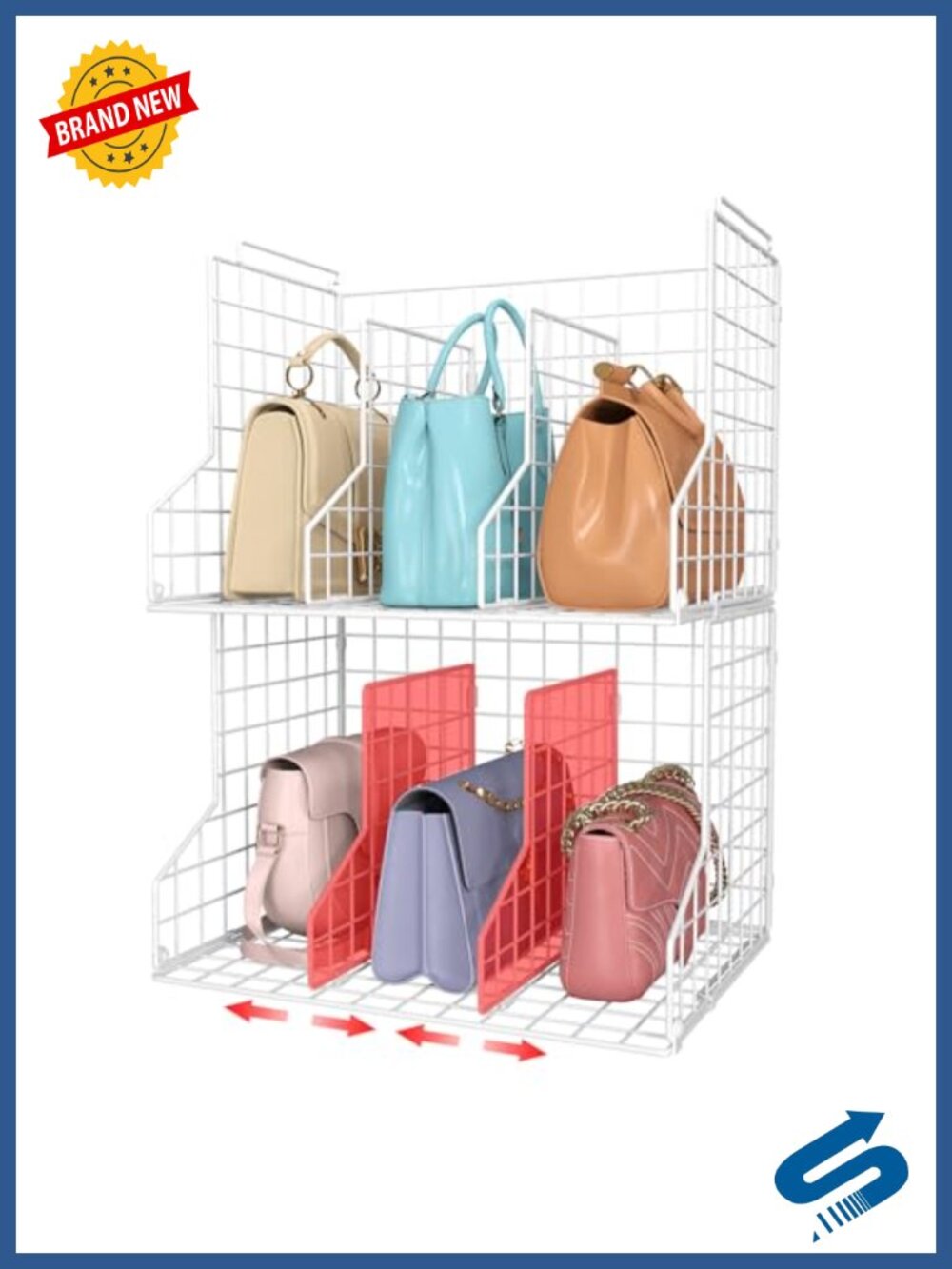 Stackable Handbag Organizer Basket with Adjustable Dividers